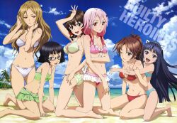  beach bikini cleavage glasses guilty_crown hizuka_masashi kuhouin_arisa kusama_kanon megami menjou_hare shinomiya_ayase swimsuit tsugumi_(guilty_crown) yuzuriha_inori 