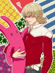  1boy barnaby_brooks_jr. belt blonde_hair blue_eyes closed_mouth commentary_request eyelashes glasses grumpy jacket kagelow long_sleeves male_focus pout red_jacket solo squiggle studded_belt stuffed_animal stuffed_rabbit stuffed_toy tiger_&amp;_bunny 