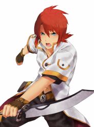  1boy aqua_eyes bad_id bad_pixiv_id fingerless_gloves gloves inuzuka_bouru left-handed luke_fon_fabre male_focus midriff navel open_mouth red_hair solo sword tales_of_(series) tales_of_the_abyss weapon 