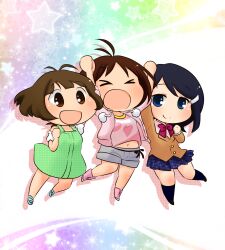  &gt;_&lt; 1boy 2girls :d akizuki_ryo antenna_hair blue_eyes blue_hair brown_eyes brown_hair chibi closed_eyes commentary_request dearly_stars_(idolmaster) hidaka_ai highres idolmaster idolmaster_dearly_stars maiko_(yoshida308) midriff mizutani_eri multiple_girls open_mouth otoko_no_ko smile unmoving_pattern 