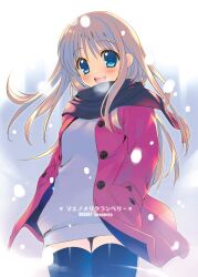  backlighting blonde_hair blue_eyes blush coat commentary_request female hands_in_pockets long_hair original scarf smile snowing solo tatami_to_hinoki thighhighs white_background zettai_ryouiki 