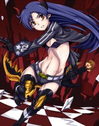  black_gold_saw black_gold_saw_(cosplay) black_rock_shooter blue_hair commentary_request cosplay female highres idolmaster idolmaster_(classic) jacket king_saw kisaragi_chihaya lyrical_denko midriff nonowa open_clothes open_jacket shorts solo sword unmoving_pattern weapon yellow_eyes 