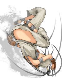  absurdres ankle_wrap artistic_error bad_anatomy bad_feet bad_hands bandages barefoot commentary dirty dirty_feet feet female gauntlets gloves hakama hakama_skirt highres hip_vent ibuki_(street_fighter) japanese_clothes jumping kunai ninja no_panties photoshop_(medium) skirt solo street_fighter taba_comya upside-down weapon wrist_wrap wrong_hand 