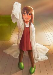  age_regression aged_down bad_id bad_pixiv_id blue_eyes brown_hair commentary female inuzuka_bouru lab_coat lolicon long_hair makise_kurisu open_mouth oversized_clothes pantyhose photoshop_(medium) sleeves_past_fingers sleeves_past_wrists slippers smile solo steins;gate 