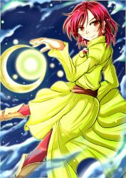  boots brown_eyes cloud commentary_request dress earrings female futari_wa_precure_splash_star jewelry kiryuu_michiru mizuhara_katsumi moon night pantyhose precure red_hair red_pantyhose short_hair sky smile solo yellow_dress 