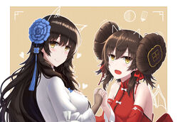  2girls blush breasts brown_hair china_dress chinese_clothes closed_mouth double_bun dress flower girls&#039;_frontline hair_bun hair_flower hair_ornament hair_ribbon highres holding_hands jiafei2o3 long_hair looking_at_viewer medium_breasts mole mole_under_eye multiple_girls official_alternate_costume open_mouth red_dress red_ribbon ribbon simple_background small_breasts smile type_95_(girls&#039;_frontline) type_95_(narcissus)_(girls&#039;_frontline) type_97_(girls&#039;_frontline) type_97_(peony)_(girls&#039;_frontline) white_dress yellow_eyes 