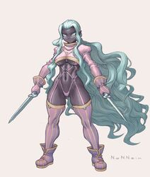  black_skin breasts colored_skin dagger dual_wielding female gloves green_eyes green_hair grey_background highres holding holding_dagger holding_knife holding_weapon kaen_(nonneim) knife long_hair navel nonneim o-ring original pink_footwear pink_gloves pink_legwear pointy_ears puffy_sleeves signature simple_background slit_pupils solo standing striped_clothes striped_thighhighs thighhighs underboob vertical-striped_clothes vertical-striped_thighhighs very_long_hair weapon 