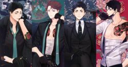  4boys akaashi_keiji bandages biting black_gloves black_hair black_shirt brown_eyes brown_hair crossed_arms floral_background glove_pull gloves gun haikyuu!! hand_on_own_knee handgun head_rest holding korean_commentary looking_at_viewer male_focus mask mask_pull matsukawa_issei mouth_mask multiple_boys necktie oikawa_tooru_(haikyuu!!) open_clothes open_shirt profile ri_mumu sakusa_kiyoomi shirt short_hair standing suicide tattoo unbuttoned unbuttoned_shirt weapon white_shirt 