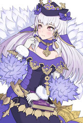  bare_shoulders black_dress black_hat book breasts closed_mouth collar commentary_request dress female fire_emblem fire_emblem:_three_houses fire_emblem_heroes fur_trim gloves gonzarez hair_ornament hat highres holding holding_book light_blush long_hair looking_afar lysithea_von_ordelia lysithea_von_ordelia_(a_new_future) medium_breasts official_alternate_costume pink_eyes purple_collar simple_background solo sweatdrop white_background white_gloves white_hair 