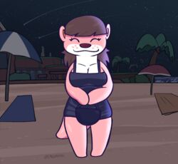  2022 animal_crossing barefoot beach beach_towel beach_umbrella big_breasts black_clothing black_dress breasts brown_hair cleavage closed_eyes clothed clothing crushpepper digital_drawing_(artwork) digital_media_(artwork) dress eyelashes feet female front_view hair hi_res holding_purse looking_at_viewer lottie_(animal_crossing) mammal mustelid night nintendo otter palm_tree parasol pink_body plant purse sand seaside shooting_star sky smile smiling_at_viewer solo standing tail towel tree wide_hips 