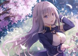  .com_(bot_com1) 86_-eightysix- antenna_hair blue_eyes breasts cherry_blossoms commentary_request female hair_intakes long_hair looking_at_viewer medium_breasts military military_uniform petals sidelocks solo uniform vladilena_millize white_hair 