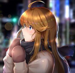  absurdres ahoge blue_eyes blurry blush bokeh brown_hair brown_mittens coat depth_of_field female highres homco idolmaster idolmaster_million_live! idolmaster_million_live!_theater_days long_hair looking_to_the_side mittens parted_lips profile scarf solo swept_bangs tokoro_megumi upper_body winter winter_clothes winter_coat 