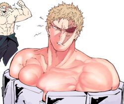  1boy abs bara blonde_hair boku_no_hero_academia bound bound_arms collage frown large_pectorals male_focus muscular muscular_(boku_no_hero_academia) muscular_male navel nipples nude pectoral_press pectorals scar scar_across_eye scar_on_face short_hair sideburns solo_focus stomach topless_male upper_body yazaki_(yazakc) 