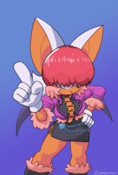  anthro bat breasts cleavage clothed clothing cosplay female gesture hair hair_over_eyes hand_gesture hi_res king_of_fighters loopersum mammal pointing rouge_the_bat sega shermie snk solo sonic_the_hedgehog_(series) wings 