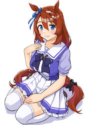  absurdres animal_ears blue_bow blue_eyes blush bow bowtie braid brown_hair commentary female hairbow hand_on_own_chest hand_on_own_thigh highres horse_ears horse_girl horse_tail long_hair looking_at_viewer miniskirt pleated_skirt puffy_short_sleeves puffy_sleeves purple_shirt sailor_collar sailor_shirt school_uniform seiza shirt short_sleeves sitting skirt summer_uniform super_creek_(umamusume) tail takuji_yuusaku thighhighs tracen_school_uniform umamusume white_skirt white_thighhighs 