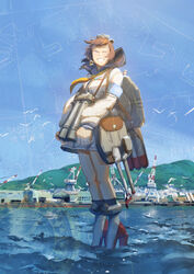  absurdres adapted_turret armband binoculars bird black_socks blue_sky brown_hair building cannon closed_eyes commentary compass_rose crane_(machine) day dress english_commentary female full_body high_heels highres kantai_collection long_sleeves nazca_lines neckerchief outdoors rigging rudder_footwear sailor_dress seagull short_hair sky socks solo speaking_tube_headset standing standing_on_liquid torpedo torpedo_launcher united_nations ye_fan yellow_neckerchief yukikaze_(kancolle) 