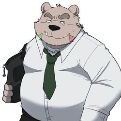  1:1 2022 anthro bear belly big_belly black_nose bottomwear clothing cute_fangs hi_res kemono male mammal necktie obese overweight overweight_male pants shirt simple_background solo topwear whitebeast20 