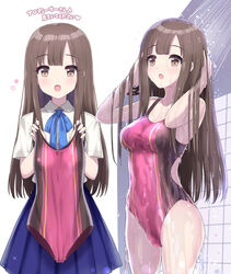  arms_behind_head arms_up bare_shoulders blue_ribbon blue_skirt blunt_bangs blush breasts brown_eyes brown_hair cleavage collarbone competition_swimsuit cowboy_shot dot_nose female hands_up highres holding holding_clothes holding_swimsuit idolmaster idolmaster_cinderella_girls idolmaster_cinderella_girls_starlight_stage ktsecond long_hair looking_at_viewer medium_breasts mizumoto_yukari multiple_views neck_ribbon one-piece_swimsuit open_mouth pink_one-piece_swimsuit pleated_skirt ribbon school_uniform shirt short_sleeves showering skirt smile standing swimsuit unworn_swimsuit wet wet_clothes wet_face wet_hair wet_swimsuit white_shirt 