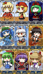  6+girls :3 absurdres aki_minoriko aki_shizuha animal_ears autumn autumn_leaves backpack bag black_hair black_skirt blonde_hair blue_eyes blue_footwear blue_hair boots camera card_(medium) card_parody detached_sleeves dress fate/grand_order fate_(series) food-themed_hair_ornament frog_hair_ornament geta gohei grape_hair_ornament green_eyes green_hair green_headwear hair_ornament hair_ribbon hair_tubes hat hauchiwa highres inubashiri_momiji kagiyama_hina kawashiro_nitori key kin-kun kochiya_sanae leaf leaf_hair_ornament leaf_print maple_leaf mechanical_arms moriya_suwako mountain_of_faith multiple_girls nontraditional_miko onbashira parody pom_pom_(clothes) purple_hair red_dress red_eyes red_headwear red_ribbon ribbon riyo_(lyomsnpmp)_(style) rope servant_card_(fate/grand_order) shameimaru_aya shide shield shimenawa shirt single_mechanical_arm skirt snake_hair_ornament style_parody sword tail tengu-geta tokin_hat touhou two_side_up very_long_sleeves water waterfall weapon white_hair white_shirt wolf_ears wolf_girl wolf_tail yasaka_kanako yellow_eyes 