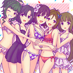  5girls bare_shoulders bikini bikini_skirt black_hair black_one-piece_swimsuit blunt_bangs blush bow bracelet breasts brown_eyes brown_hair butterfly_hair_ornament casual_one-piece_swimsuit cleavage collarbone confetti cowboy_shot domyoji_karin dot_nose floral_print flower flower_necklace frilled_bikini frills front-tie_bikini_top front-tie_top fujii_tomo green_hair grin hair_flower hair_ornament hair_ribbon hairbow hand_on_another&#039;s_shoulder haua hibiscus highres idolmaster idolmaster_cinderella_girls idolmaster_cinderella_girls_starlight_stage jewelry large_breasts long_hair looking_at_viewer medium_breasts multiple_girls navel one-piece_swimsuit one_eye_closed open_mouth pink_background pink_bikini pink_bow pink_ribbon ponytail print_bikini print_ribbon purple_bikini red_bikini red_eyes ribbon shiragiku_hotaru short_hair side-tie_bikini_bottom small_breasts smile standing striped striped_background swimsuit takafuji_kako very_long_hair wavy_hair yellow_eyes yorita_yoshino 