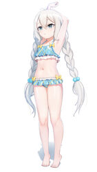  absurdres armpits arms_up barefoot bikini bikini_skirt bow bow_bikini braid female frilled_bikini frills full_body grey_eyes hair_bobbles hair_ornament hanba_rou highres kokkoro_(princess_connect!) kokkoro_(real)_(princess_connect!) legs long_hair nail_polish navel parted_lips plaid plaid_bikini princess_connect! solo stretching swimsuit tiptoes toenail_polish toenails toes twin_braids very_long_hair white_background white_hair 