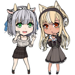  2girls animal_ears black_skirt blonde_hair blush cat_ears chibi collarbone cow_ears dark-skinned_female dark_skin dress fake_animal_ears green_eyes grey_dress grey_hair grey_sweater headphones hololive jewelry kemonomimi_mode leaning_forward long_hair multiple_girls off-shoulder_sweater off_shoulder official_alternate_costume open_mouth orange_eyes paw_pose plaid plaid_skirt ring sazare_(sazare_az) shiranui_flare shiranui_flare_(street) shirogane_noel shirogane_noel_(casual) short_hair skirt sweater virtual_youtuber wedding_ring white_background 