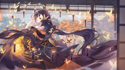  black_hair butterfly criin_(659503) fire japanese_clothes kimono long_hair magic original red_eyes watermark 