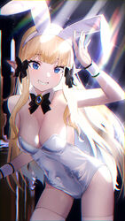  absurdres animal_ears blonde_hair blue_eyes bow bowtie breasts brooch cleavage commentary covered_navel detached_collar elf fake_animal_ears fake_tail female grin hairbow hanba_rou hand_up highres jewelry large_breasts leotard light_rays long_hair looking_at_viewer playboy_bunny pointy_ears princess_connect! rabbit_ears rabbit_tail saren_(princess_connect!) smile solo sparkle strapless strapless_leotard sunlight tail thighhighs very_long_hair white_leotard wrist_cuffs 