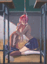  2girls absurdres black_pantyhose blazer blue_skirt bow brown_hair brown_sweater_vest chalkboard classroom closed_eyes closed_mouth commentary crying desk doki_doki_literature_club dress_shirt face_to_breasts full_body glitch grey_jacket hair_ribbon hairbow hand_on_another&#039;s_head hands_on_own_chest hanged head_hug head_on_chest heads_together highres hug indoors iro_saki jacket kneeling long_hair monika_(doki_doki_literature_club) multiple_girls noose on_floor own_hands_together pantyhose parquet_floor pink_hair pleated_skirt ponytail red_bow ribbon sad sayori_(doki_doki_literature_club) school_desk school_uniform shadow shirt shoes short_hair sidelocks single_letter sitting skirt socks spoilers suicide sweater_vest tears uwabaki very_long_hair very_short_hair wariza white_ribbon white_shirt white_socks wooden_floor 