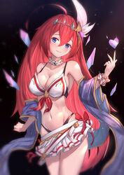  ahoge alexiel_(summer)_(granblue_fantasy) bare_shoulders bikini black_background black_bikini blue_eyes blush breasts cleavage closed_mouth collarbone female godsworn_alexiel granblue_fantasy groin hair_between_eyes hair_ornament heart highleg highleg_bikini layered_bikini light_smile long_hair looking_at_viewer md5_mismatch medium_breasts navel red_hair shawl solo swimsuit uneg very_long_hair white_bikini wrist_cuffs 