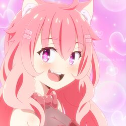  :3 :d absurdres ahoge animal_ear_fluff animal_ears artist_name blush bow bowtie breasts cat_ears cleavage female hair_between_eyes hair_flaps hair_ornament hairclip heart highres indie_virtual_youtuber long_hair looking_at_viewer oerba_yun_fang open_mouth patrick_fche pink_bow pink_eyes pink_hair pink_theme sideways_glance sideways_mouth small_breasts smile solo sparkle suwie_(vtuber) teeth twitter_username upper_teeth_only virtual_youtuber 