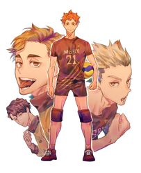  4boys absurdres aged_up bad_id bad_twitter_id bakugou_katsuki ball brown_hair clenched_hand haikyuu!! highres hinata_shouyou holding holding_ball looking_at_viewer male_focus miya_atsumu multiple_boys open_mouth orange_hair outline sakusa_kiyoomi shiraumi8351 shoes short_hair simple_background smile sneakers sportswear standing teeth tongue tongue_out volleyball_uniform 