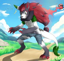  2020 anthro better_version_at_source black_body black_fur canid canine chest_tuft claws clothing dragon eyebrows fur grass grey_body grey_fur hair hair_growing hi_res mammal nintendo pok&eacute;ball pok&eacute;mon_(species) pokemon ravieel red_claws red_inner_ear signature standing toe_claws torn_clothing transformation tuft video_games zoroark 