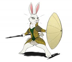  2019 3_toes amber_(armello) anthro armello barefoot biped clothed clothing feet female fur lagomorph league_of_geeks leporid mammal medieval melee_weapon rabbit scottyartz simple_background solo toes weapon white_background white_body white_fur yellow_eyes 