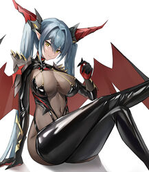  absurdres azur_lane black_bodysuit black_footwear black_leotard blue_hair bodystocking bodysuit boots breasts commentary_request covered_navel dragon_girl dragon_horns female hai_binggan halter_leotard halterneck highres horns large_breasts leotard long_hair looking_at_viewer mechanical_horns navel pointy_ears regensburg_(azur_lane) solo thigh_boots thighs twintails two-tone_wings wings yellow_eyes 