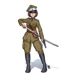  absurdres belt boots breast_pocket brown_hair buttons cavalry drawing_sword female full_body green_eyes gun handgun hat highres holding holding_gun holding_sword holding_weapon holster jacket knee_boots leather_belt long_sleeves looking_to_the_side military military_hat military_jacket military_uniform original ostwindprojekt pants pants_tucked_in peaked_cap pocket poland polish_army rogatywka saber_(weapon) scabbard shaded_face sheath short_hair solo star_(symbol) sword thigh_holster tomboy uniform unsheathing wavy_mouth weapon white_background 