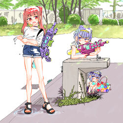  3girls aged_down aged_up aisaki_emiru bare_legs blunt_bangs blush bow braid bush choker d: double_bun drinking_fountain dual_persona expressionless faucet french_braid grass hair_bun hairband hairbow hugtto!_precure long_hair looking_at_another multiple_girls open_mouth outdoors precure purple_eyes purple_hair red_eyes ruru_amour sandals shirt short_shorts shorts sidelocks sideways_glance sleeves_rolled_up time_paradox ton_(ton39342104) tree twintails water_balloon water_gun weeds wet wet_clothes wet_shirt 