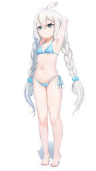  absurdres armpits arms_up barefoot bikini braid breasts female full_body grey_eyes hair_bobbles hair_ornament hanba_rou highres kokkoro_(princess_connect!) kokkoro_(real)_(princess_connect!) legs long_hair navel parted_lips plaid princess_connect! side-tie_bikini_bottom small_breasts solo stretching swimsuit tiptoes toenails toes twin_braids very_long_hair white_background white_hair 