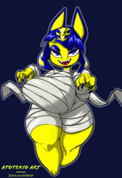  animal_crossing ankha_(animal_crossing) anthro atotekio bands big_breasts blue_eyeshadow blue_hair breasts claws domestic_cat eyeshadow felid feline felis female fur hair hi_res huge_breasts makeup mammal mummy_costume mummy_wrappings nintendo short_stack simple_background smile solo thick_thighs uraeus wide_hips yellow_body yellow_fur 