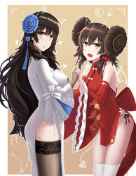  2girls absurdres bad_leg black_thighhighs blush breasts brown_hair china_dress chinese_clothes double_bun dress feet_out_of_frame flower girls&#039;_frontline hair_bun hair_flower hair_ornament hair_ribbon highres holding_hands jiafei2o3 long_hair looking_at_viewer medium_breasts mole mole_under_eye multiple_girls official_alternate_costume open_mouth red_dress red_ribbon ribbon simple_background small_breasts standing thighhighs type_95_(girls&#039;_frontline) type_95_(narcissus)_(girls&#039;_frontline) type_97_(girls&#039;_frontline) type_97_(peony)_(girls&#039;_frontline) white_dress white_legwear yellow_eyes 