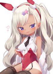  animal_ears archerfish_(azur_lane) azur_lane bare_shoulders black_necktie black_thighhighs blue_eyes dark-skinned_female dark_skin fake_animal_ears female heart highres jacket kokone_(coconeeeco) leotard long_hair looking_at_viewer necktie open_mouth playboy_bunny rabbit_ears red_leotard simple_background sitting smile tan tanlines thighhighs white_background white_hair 