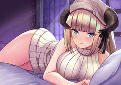  arknights bare_shoulders blonde_hair blue_eyes blunt_bangs breasts commentary_request curtains demon_girl dress female headdress horns large_breasts looking_at_viewer lunarscent nightingale_(arknights) on_bed pillow ribbed_dress smile solo window 