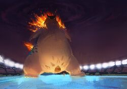  2019 anthro belly detailed_background dynamax fire generation_2_pokemon nintendo outside overweight pokemon pokemon_(species) racoonwolf typhlosion 