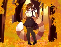  ailurid alternative_fashion anthro autumn autumn_leaves big_breasts breasts clothed clothing copyright_symbol ear_piercing facial_piercing female fluffy forest fur hi_res konomofu leaf mammal nose_piercing piercing plant punk purse red_panda septum smile solo symbol tree 