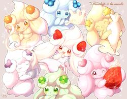  :d :q ;) alcremie alcremie_(berry_sweet) alcremie_(clover_sweet) alcremie_(flower_sweet) alcremie_(love_sweet) alcremie_(ribbon_sweet) alcremie_(star_sweet) alcremie_(strawberry_sweet) apron blue_eyes bowl closed_eyes commentary cream evolutionary_line eyelashes food french_commentary fruit green_eyes heart highres holding holding_bowl holding_whisk milcery no_humans okoge_(simokaji) one_eye_closed open_mouth outline pokemon pokemon_(creature) red_eyes signature smile sparkle strawberry tongue tongue_out whisk 