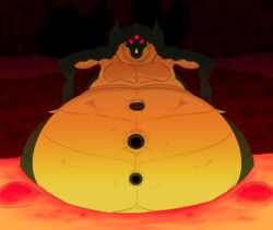  3_eyes absurd_res alien anthro belly big_belly bubble glowing glowing_eyes hi_res horn kraid lava lava_bath lava_pool looking_at_viewer macro male metroid multi_eye nintendo obese overweight overweight_male reagan700 red_eyes relaxing solo underground 