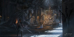  altar bloodborne boots brown_gloves cathedral character_name copyright_name gloves highres holding holding_sword holding_weapon horns hunter_(bloodborne) indoors kneeling ludwig&#039;s_holy_blade monster praying stu_dts sword torch vicar_amelia weapon 