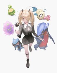  aged_down blonde_hair boots breasts budew cleavage_cutout clothing_cutout cynthia_(pokemon) feebas female fish fishnet_socks fishnets full_body gabite grey_eyes hair_over_one_eye highres long_hair looking_at_viewer medium_breasts nanidato_(nanidat0) parted_lips pleated_skirt poke_ball pokemon pokemon_(creature) pokemon_dppt riolu shellos skirt smile socks spiritomb tossing twintails ultra_ball 