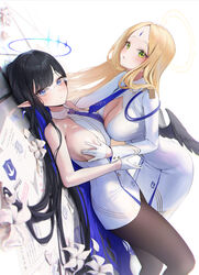  2girls absurdres ayumu_(blue_archive) bare_shoulders black_hair black_pantyhose blonde_hair blue_archive blue_eyes blue_hair blue_necktie blush breast_press breasts closed_mouth colored_inner_hair dong_ji dress earrings feathered_wings forehead_jewel gloves green_eyes hair_spread_out halo highres jewelry large_breasts long_hair long_sleeves looking_at_another looking_at_viewer low_wings multicolored_hair multiple_girls necktie pantyhose parted_bangs pointy_ears rin_(blue_archive) sideboob simple_background very_long_hair white_background white_dress white_gloves wings yuri 