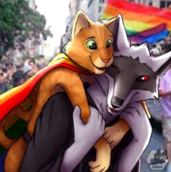  absurd_res anthro canid canine canis cape clothing death_(puss_in_boots) dreamworks duo eldingo_(artist) hi_res lgbt_pride lgbt_pride_month male male/male mammal multicolored_cape multicolored_clothing pride_color_cape pride_color_clothing pride_colors puss_in_boots_(character) puss_in_boots_(dreamworks) rainbow_flag rainbow_pride_colors rainbow_pride_flag rainbow_symbol six-stripe_rainbow_pride_colors wolf 